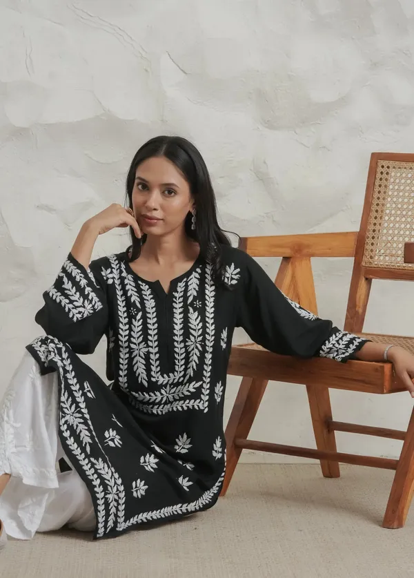 Myra_Modal_Fine_Cotton_Chikan_Kari_Kurta_Black