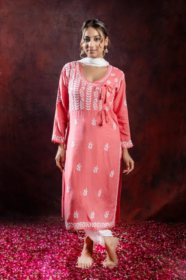 Ishq_Rayon_Blush_Pink_Angrakha_Style_Chikankari_Kurta