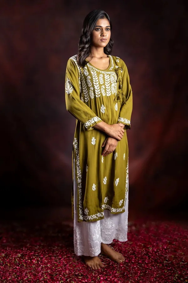 Ishq_Rayon_Olive_Green_Angrakha_Style_Chikankari_Kurta