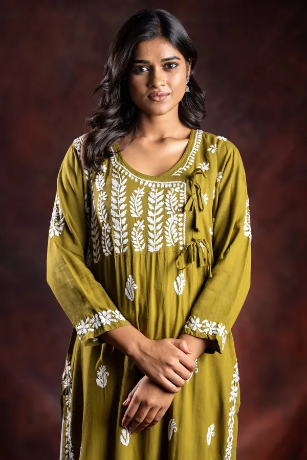 Ishq_Rayon_Olive_Green_Angrakha_Style_Chikankari_Kurta