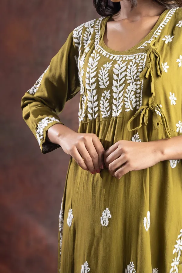 Ishq_Rayon_Olive_Green_Angrakha_Style_Chikankari_Kurta