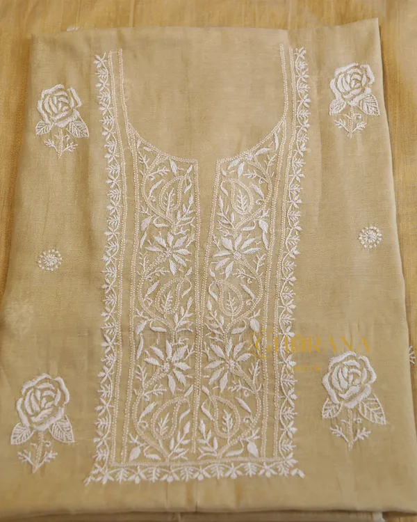 Tissue_Chanderi_Chikankari_Unstitched_Kurta_And_Dupatta_Set_Beige