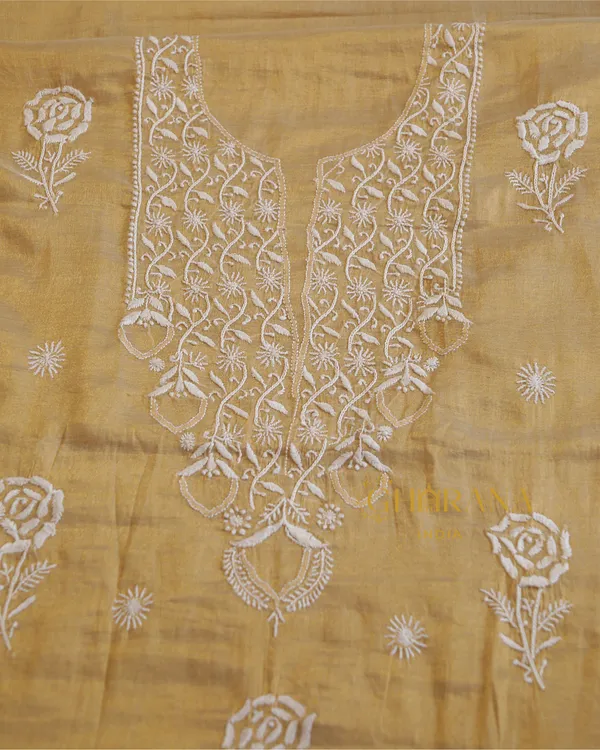 Tissue_Chanderi_Chikankari_Unstitched_Kurta_And_Dupatta_Set_Beige