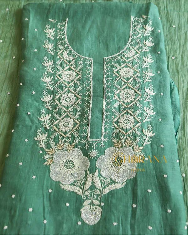 Premium_Mulchanderi_3_Pc_Unstitched_Kurta_And_Dupatta_And_Bottom_Set_In_Pearl_Katdana_And_Mukaish_Work_Sage_Green