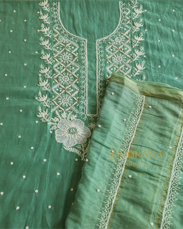 Premium_Mulchanderi_3_Pc_Unstitched_Kurta_And_Dupatta_And_Bottom_Set_In_Pearl_Katdana_And_Mukaish_Work_Sage_Green