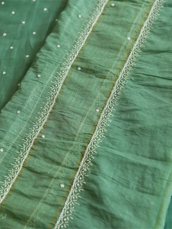 Premium_Mulchanderi_3_Pc_Unstitched_Kurta_And_Dupatta_And_Bottom_Set_In_Pearl_Katdana_And_Mukaish_Work_Sage_Green