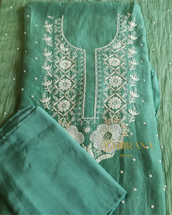 Premium_Mulchanderi_3_Pc_Unstitched_Kurta_And_Dupatta_And_Bottom_Set_In_Pearl_Katdana_And_Mukaish_Work_Sage_Green