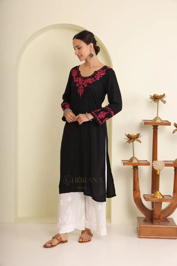 Ishq_Modal_Black_Chikankari_Kurta_In_Pink_Embroidery