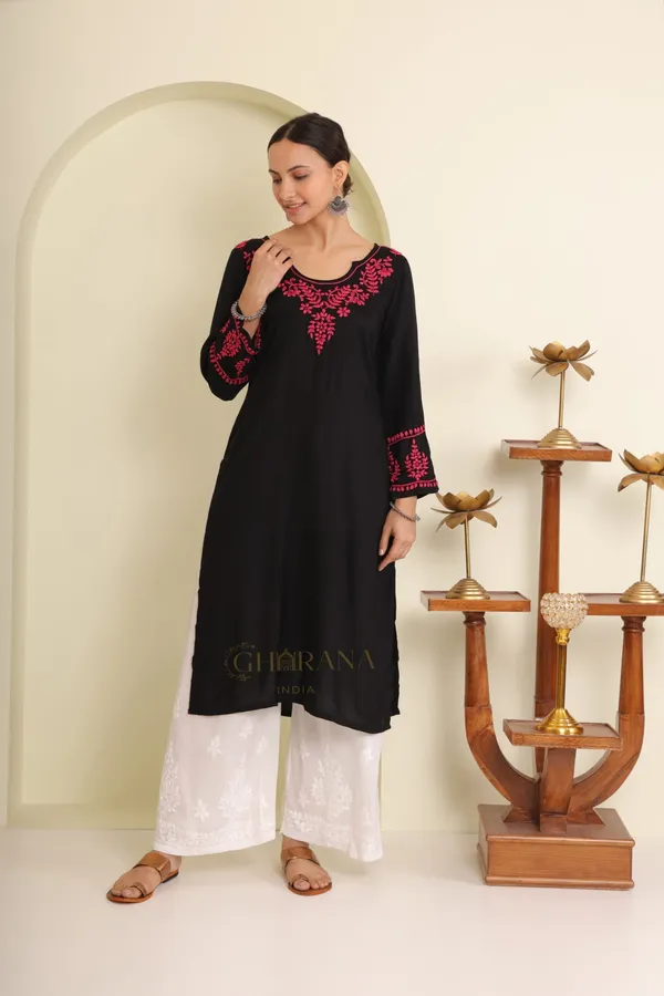 Ishq_Modal_Black_Chikankari_Kurta_In_Pink_Embroidery