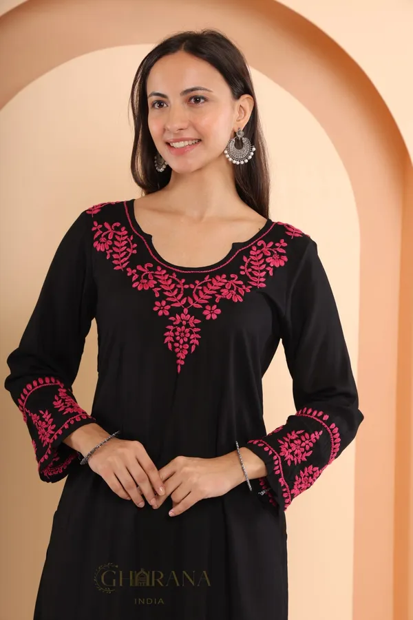 Ishq_Modal_Black_Chikankari_Kurta_In_Pink_Embroidery