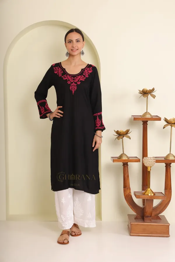 Ishq_Modal_Black_Chikankari_Kurta_In_Pink_Embroidery