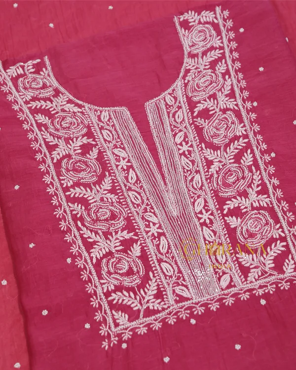 Premium_Mulchanderi_3_Pc_Unstitched_Kurta_With_Dupatta_And_Bottom_Set_In_Pearl_Katdana_Jaal_Work_Fuchsia