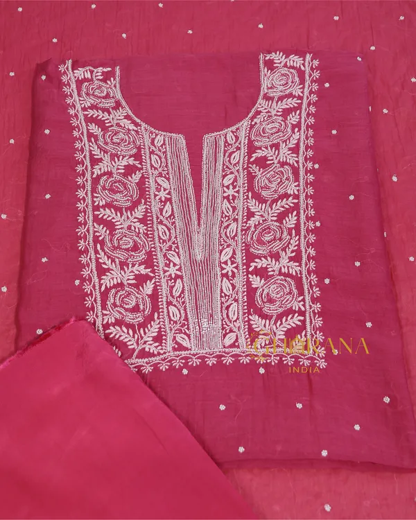Premium_Mulchanderi_3_Pc_Unstitched_Kurta_With_Dupatta_And_Bottom_Set_In_Pearl_Katdana_Jaal_Work_Fuchsia