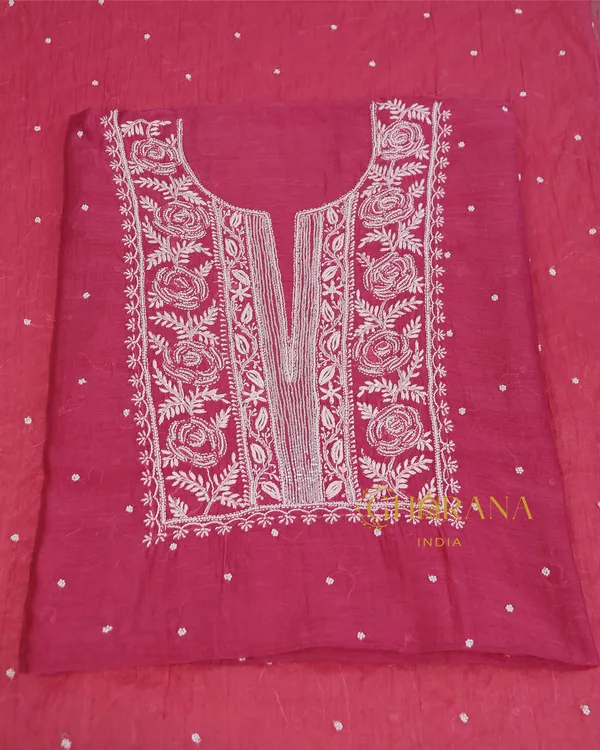 Premium_Mulchanderi_3_Pc_Unstitched_Kurta_With_Dupatta_And_Bottom_Set_In_Pearl_Katdana_Jaal_Work_Fuchsia