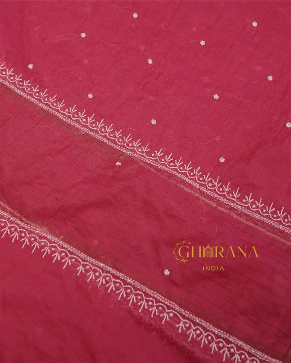 Premium_Mulchanderi_3_Pc_Unstitched_Kurta_With_Dupatta_And_Bottom_Set_In_Pearl_Katdana_Jaal_Work_Fuchsia