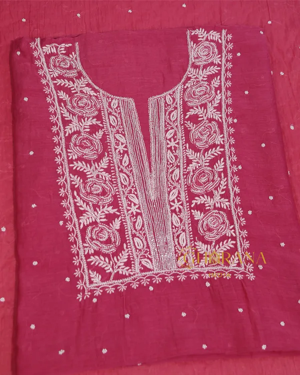 Premium_Mulchanderi_3_Pc_Unstitched_Kurta_With_Dupatta_And_Bottom_Set_In_Pearl_Katdana_Jaal_Work_Fuchsia