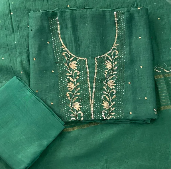 Premium_Mulchanderi_3_Pc_Unstitched_Tunic_Dupatta_Bottom_In_Kamdani_Work_Mango_Green