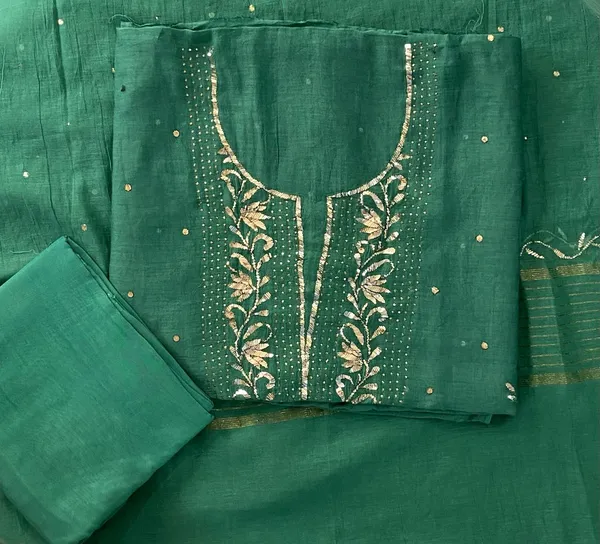 Premium_Mulchanderi_3_Pc_Unstitched_Tunic_Dupatta_Bottom_In_Kamdani_Work_Mango_Green