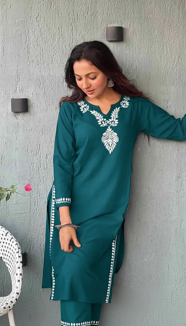 Heer_Rayon_2_Pc_Teal_Chikankari_Kurta_Set