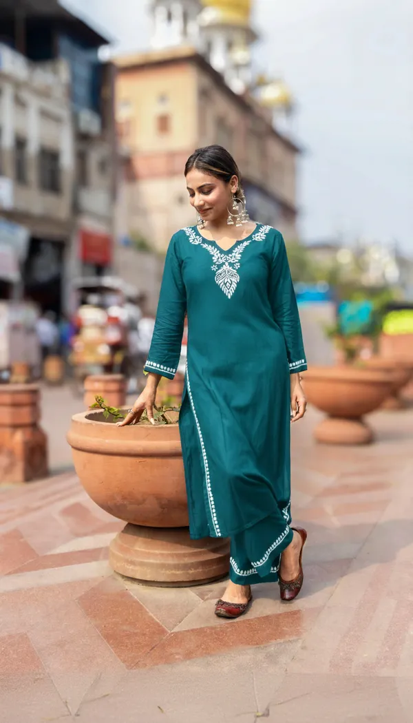 Heer_Rayon_2_Pc_Teal_Chikankari_Kurta_Set