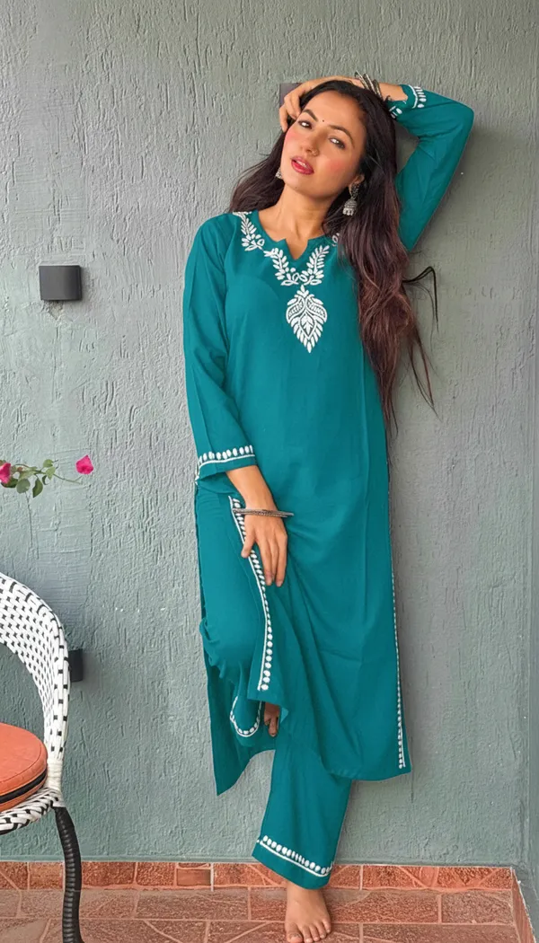 Heer_Rayon_2_Pc_Teal_Chikankari_Kurta_Set