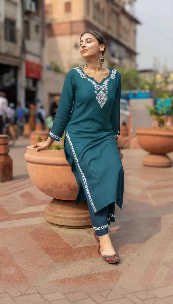 Heer_Rayon_2_Pc_Teal_Chikankari_Kurta_Set