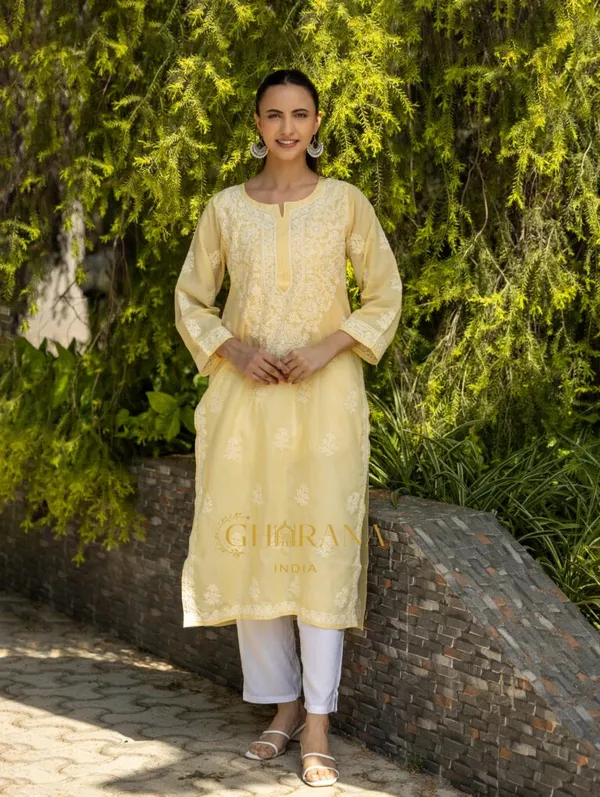 Sahiba_Chikankari_Pastel_Yellow_Cotton_Bakhiya_Work_Kurta_With_Matching_Slip