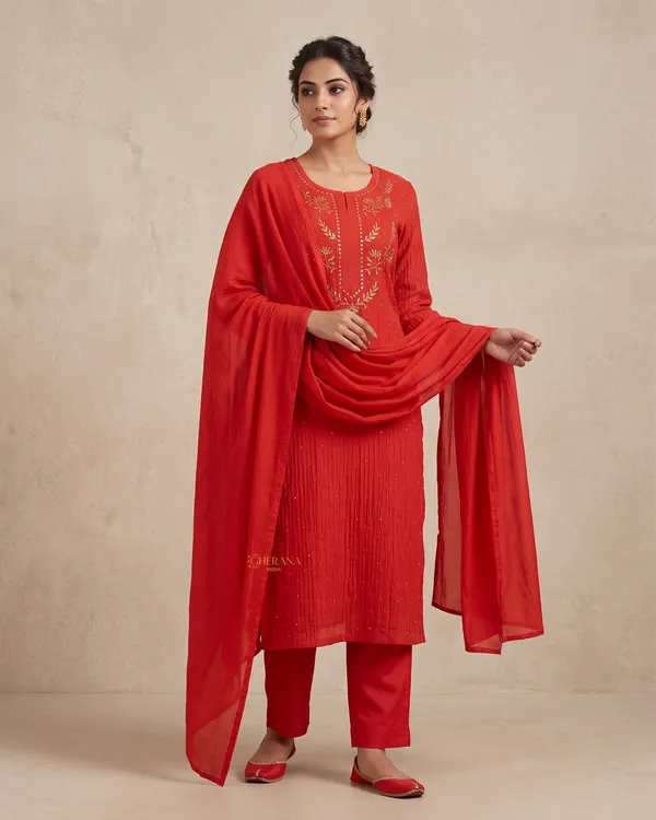 Premium_Mulchanderi_3_Pc_Semi_Stitched_Tunic_Dupatta_Bottom_In_Kamdani_Work_Bright_Red