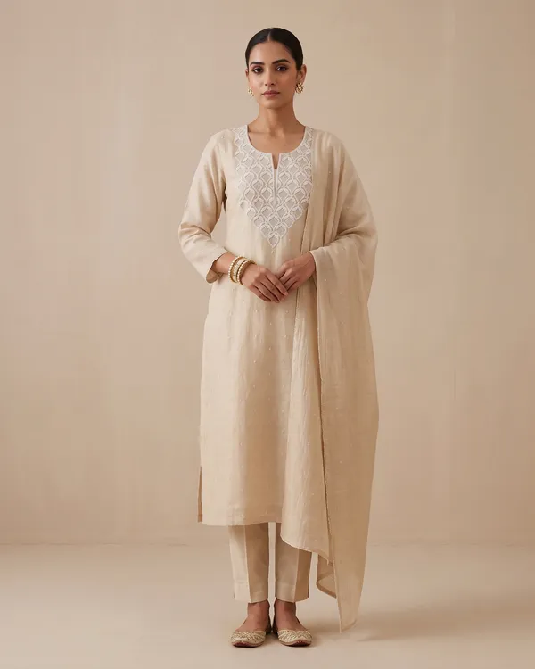 Premium_Mulchanderi_3_Pc_Unstitched_Kurta_With_Dupatta_And_Bottom_Set_In_Pearl_Katdana_Jaal_Work_Ivory