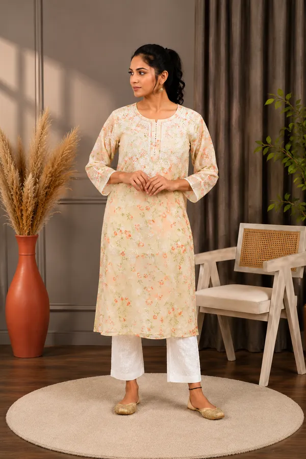 Aadya_Chikankari_Georgette_Floral_Printed_Kurta_Off_White