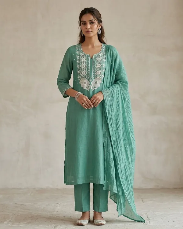 Premium_Mulchanderi_3_Pc_Unstitched_Kurta_And_Dupatta_And_Bottom_Set_In_Pearl_Katdana_And_Mukaish_Work_Sage_Green