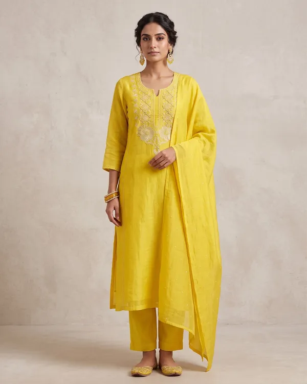 Premium_Mulchanderi_3_Pc_Unstitched_Kurta_And_Dupatta_And_Bottom_Set_In_Pearl_Katdana_And_Mukaish_Work_Yellow