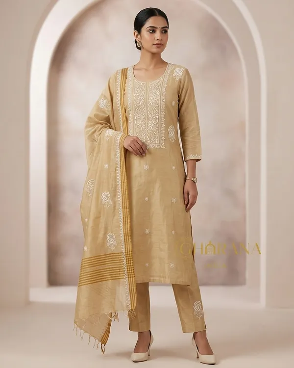 Tissue_Chanderi_Chikankari_Unstitched_Kurta_And_Dupatta_Set_Beige