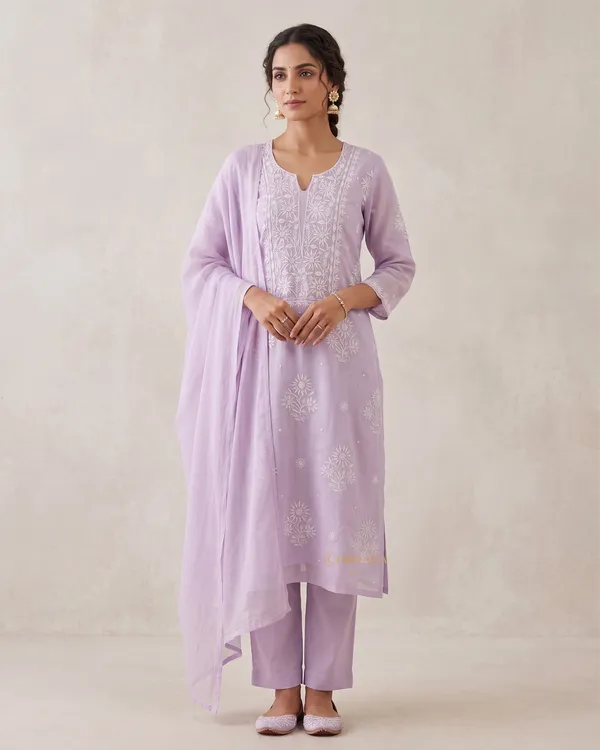 Premium_Mulchanderi_3_Pc_Unstitched_Kurta_With_Dupatta_And_Bottom_Set_In_Pearl_Jaal_Work_Lavender