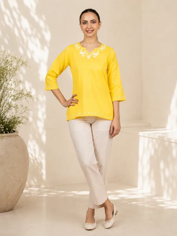 Sahiba_Pure_Cotton_Yellow_Chikankari_Short_Top
