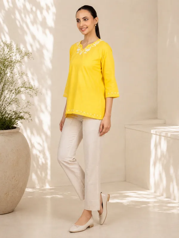 Sahiba_Pure_Cotton_Yellow_Chikankari_Short_Top