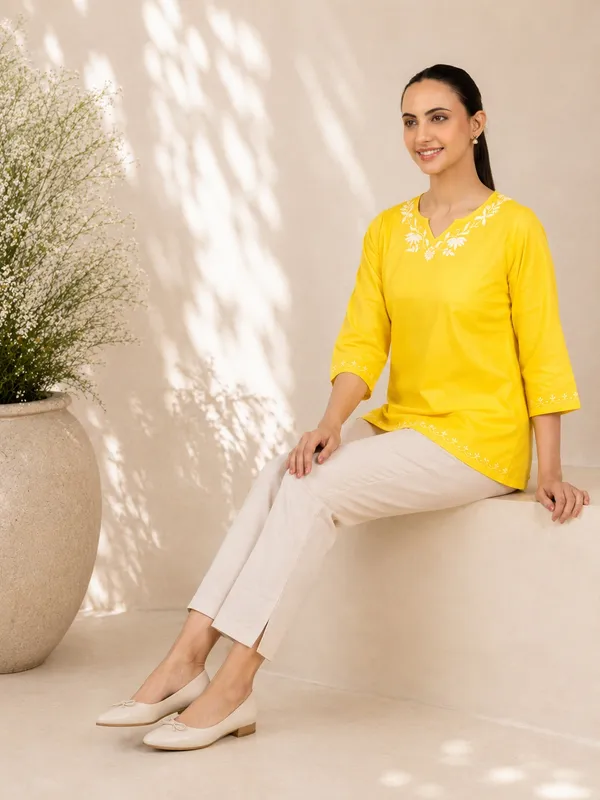 Sahiba_Pure_Cotton_Yellow_Chikankari_Short_Top