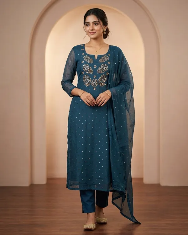 Premium_Mulchanderi_3_Pc_Semi_Stitched_Tunic_Dupatta_Bottom_In_Kamdani_Work_Cobalt_Blue
