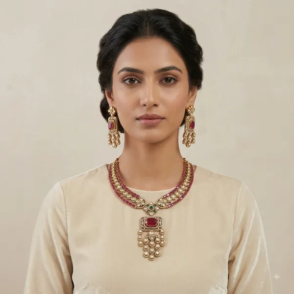 Gold_Tone_Red_And_Green_Stone_Necklace_Set_For_Women