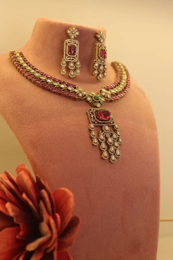 Gold_Tone_Red_And_Green_Stone_Necklace_Set_for_Women