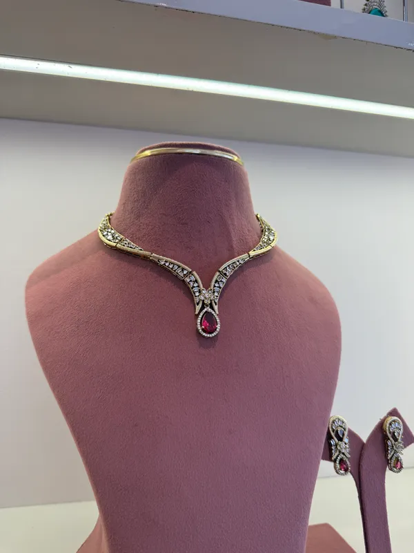 Gold-Tone_ruby-Studded_necklace_set_for_Women_with_earrings