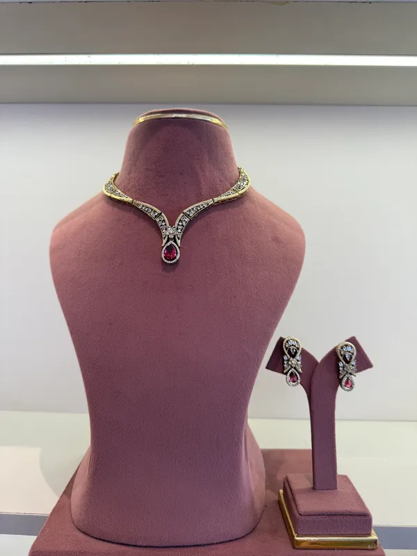 Gold-Tone_ruby-Studded_necklace_set_for_Women_with_earrings
