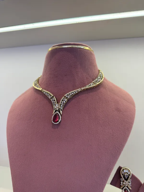 Gold-Tone_ruby-Studded_necklace_set_for_Women_with_earrings