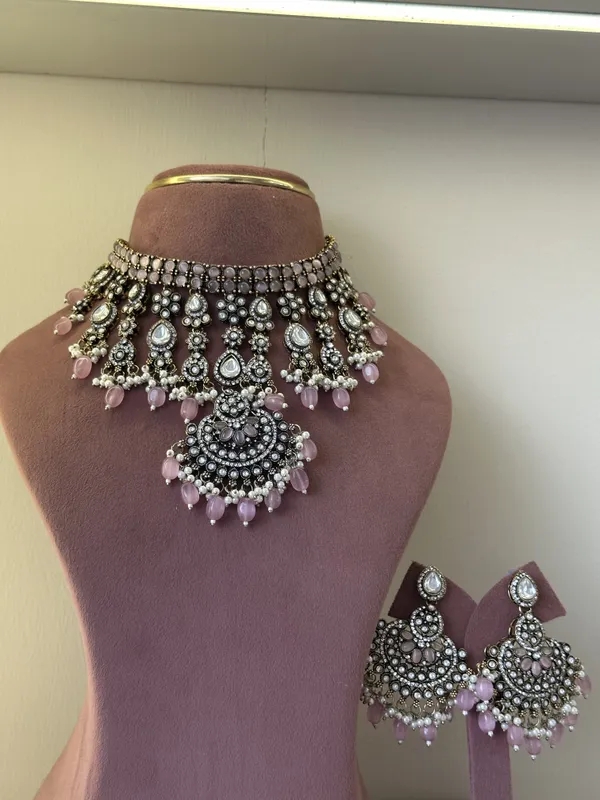 Silver-Tone_Pink_Beaded_Necklace_Set_for_Women