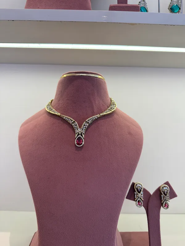 Gold-Tone_ruby-Studded_necklace_set_for_Women_with_earrings
