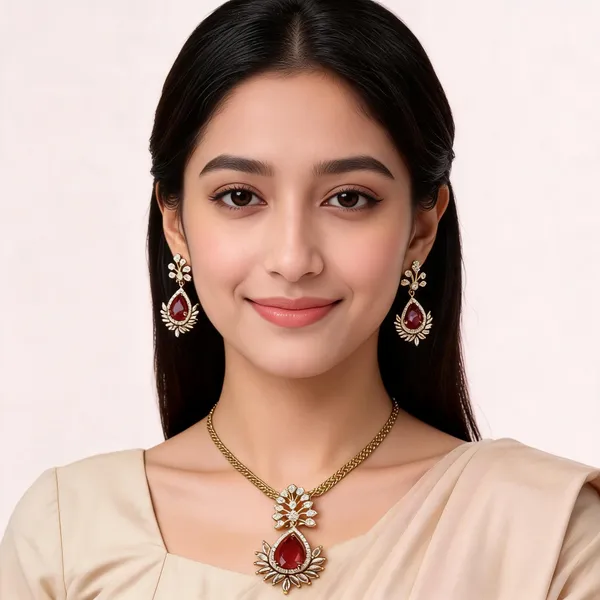 Gold_Tone_Ruby_Stone_Necklace_And_Earrings_Set_For_Women