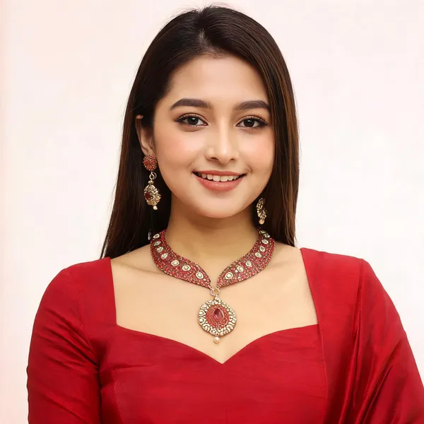 Gold_Tone_Red_Embellished_Necklace_And_Earring_Set_For_Women