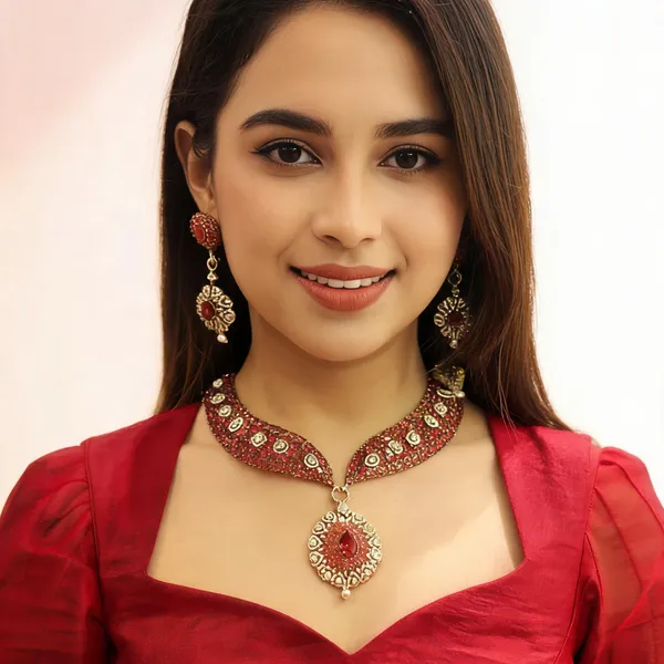 Gold_Tone_Red_Embellished_Necklace_And_Earring_Set_For_Women
