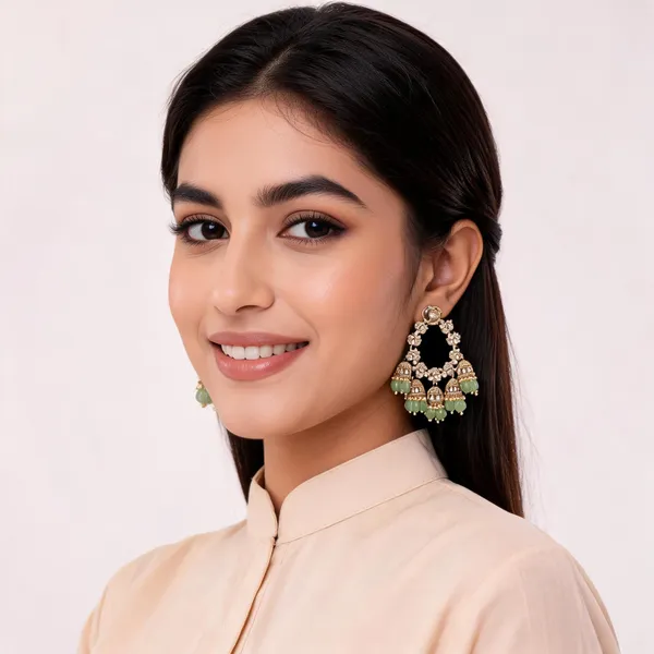 Gold_Tone_Stone_Studded_Jhumka_Earrings_With_Green_Beads