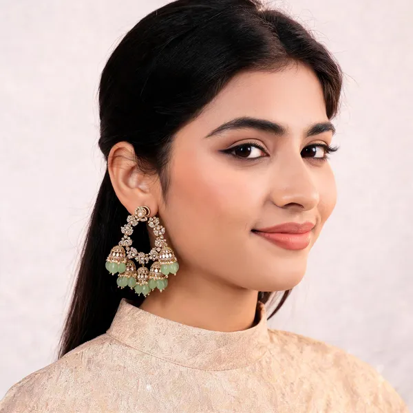 Gold_Tone_Stone_Studded_Jhumka_Earrings_With_Green_Beads